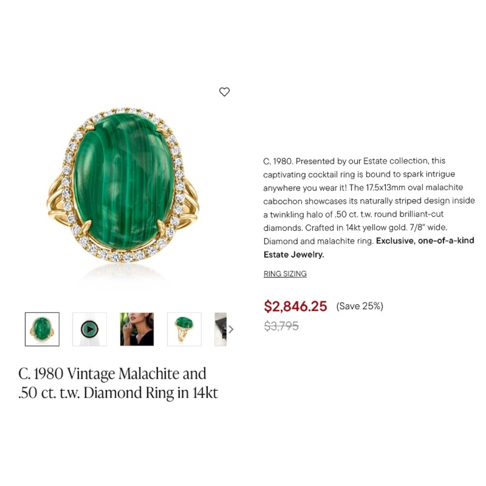 1980s Malachite 14kt Gold Ring With .50ct Diamonds, Approximate Size 7.5 - 8.5 - Picture 15 of 15